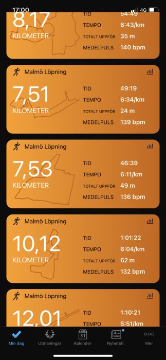 Skärmbild av löpningsapp med olika passdata som distans, tid, tempo, höjdförändring och puls.