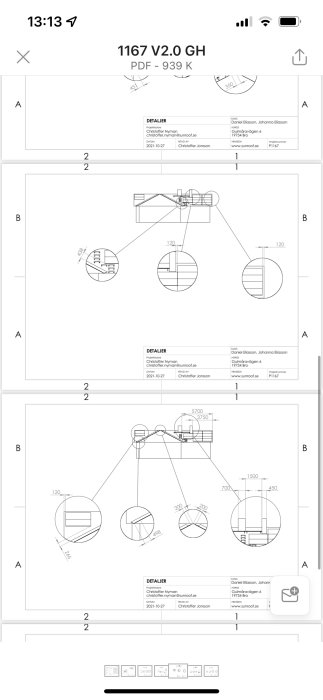 Tekniska ritningar av solcellsmontage, markerade detaljer och måttangivelser, projekt av Sunroof.