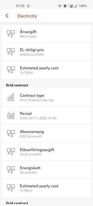 Skärmdump av mobil visar elpriser och abonnemangsdetaljer med kostnader för elektricitet.