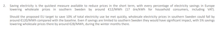 Textutdrag som diskuterar besparing av el för att sänka elpriser i södra Sverige med ungefär €12/MWh och påverkan av EU-mål om 10% besparing.