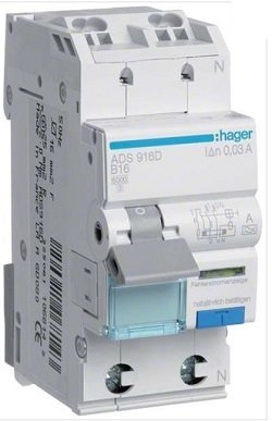 Automatsäkring och jordfelsbrytare i en enhet, märkt med "ADS 916D B16 1n 0,03A - hager".