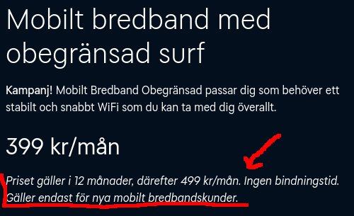 Skärmbild av ett erbjudande om mobilt bredband med obegränsad surf för 399 kr/mån, pris och villkor markerat med röd pil.