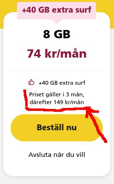 Mobilabonnemangserbjudande med texten "8 GB 74 kr/mån", extra surf och en rödpennamarkering på priset efter 3 mån.