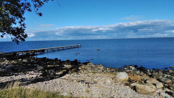 Stenig strandlinje med brygga som sträcker sig ut i stilla vatten under blå himmel med moln.