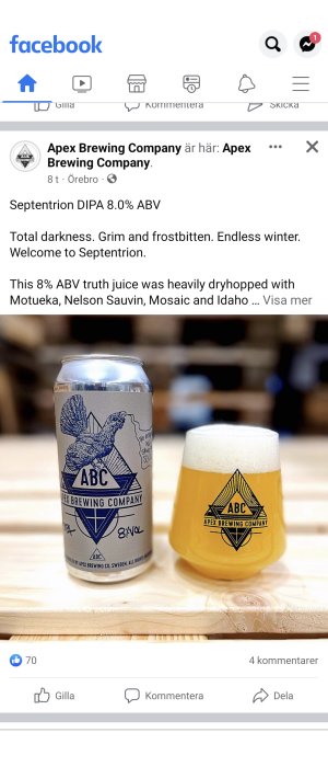 Apex Brewing Company ölburk och glas med öl på ett träbord, Septentrion DIPA 8% ABV.