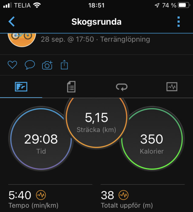 Skärmavbild av träningsapp med statistik för terränglöpning: distans 5,15 km, tid 29:08, kalorier 350.