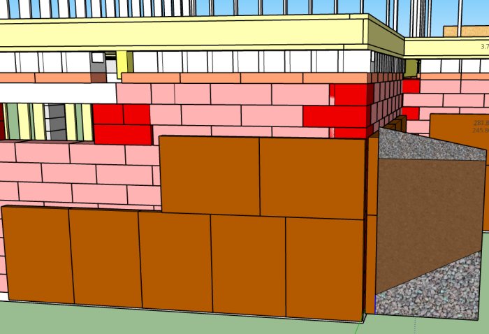 3D-illustration av grund med lager av makadam, klinker och jord samt isodränskivor för byggprojekt.