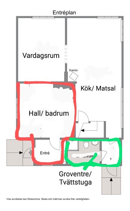 Planritning med markerade potentiella ombyggnadsområden för vardagsrum, kök, badrum och hall.