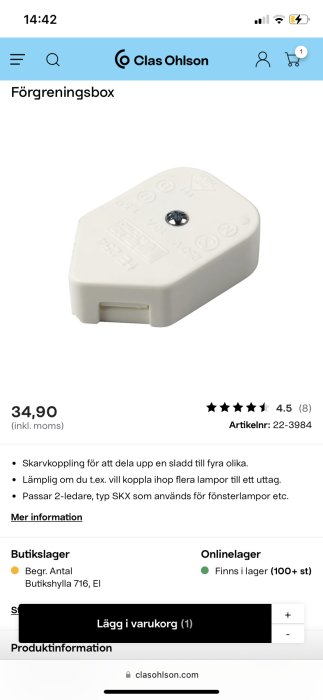 En vit förgreningsbox för två ledare från Clas Ohlson, visad på en produktsida med pris och information.