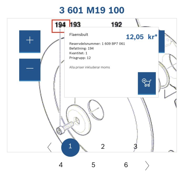 Schematisk bild av reservdel, flänsbult, med artikelnummer och prisinformation, inget verkligt foto.