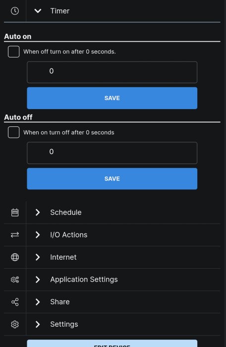 Inställningsmeny för timerfunktion med alternativ för auto på och av i en smart enhets app.