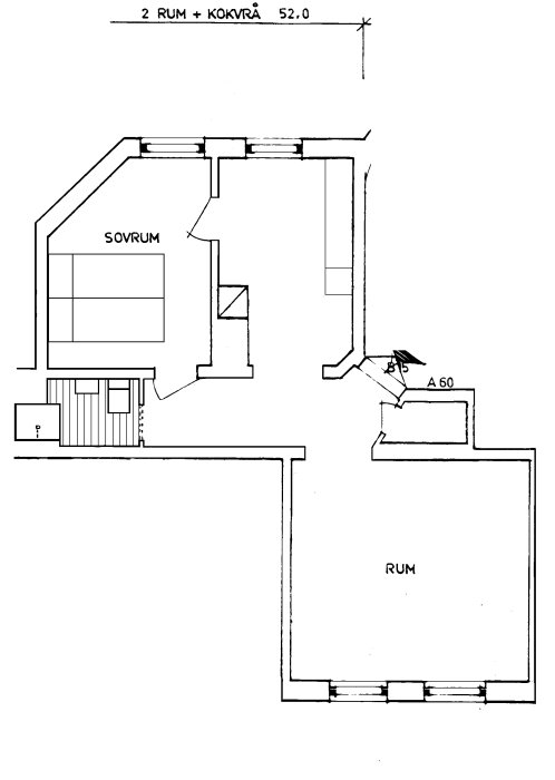 Ritning av en lägenhetsplan med beteckningen "2 RUM + KÖKVRÅ 52.0" som visar sovrum, kökvrå och ytterligare ett rum.