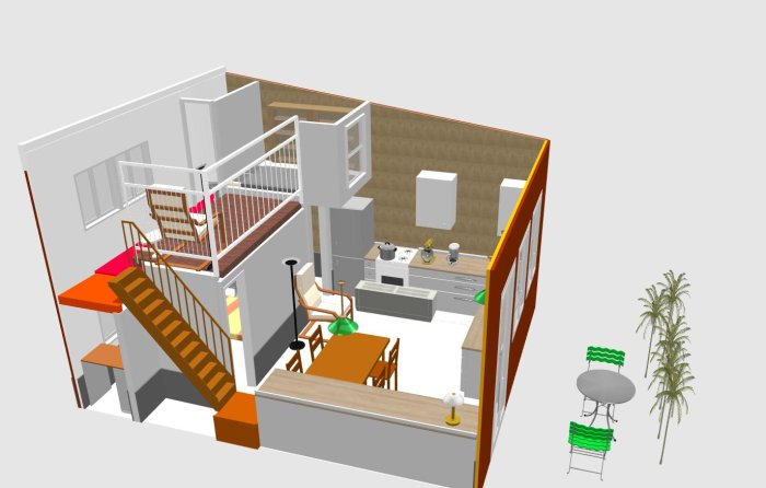 3D-ritning av en tvåvåningslägenhet med detaljerad toalett, kök och trappa.