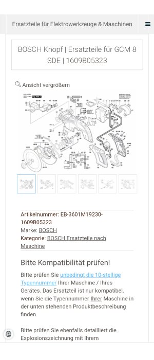 Bildskärmdump av reservdelssida för BOSCH-knapp, kompatibel med GCM 8 SDE, inklusive delnummer och maskinschema.