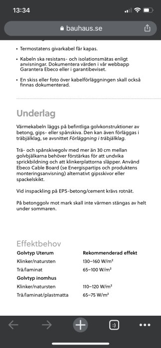 Skärmbild av Ebecos monteringsanvisningar för golvkonstruktioner och rekommenderad effekt för uppvärmning.