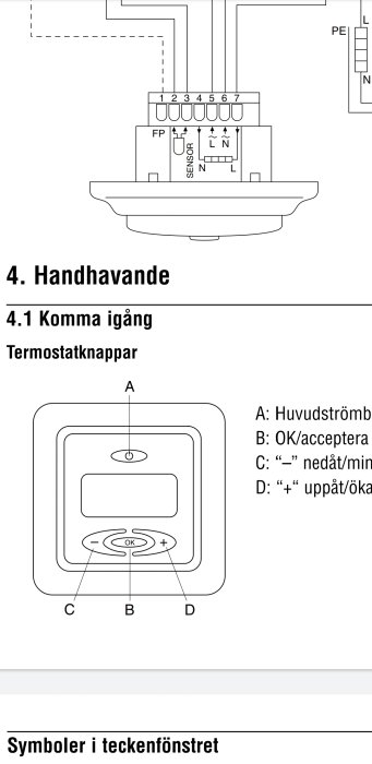 Schematisk bild av termostatens kontrollpanel med knappar för huvudström, OK/acceptera, minus/nedåt/minskning och plus/uppåt/ökning.