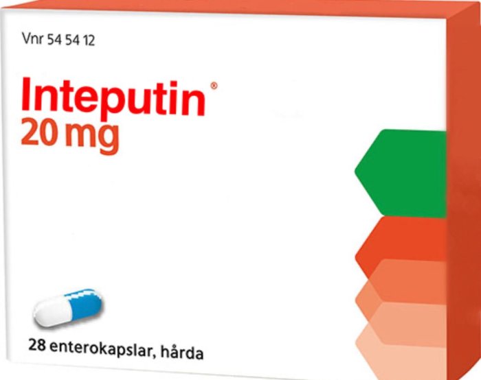 Förpackning med Inteputin 20 mg enterokapslar.