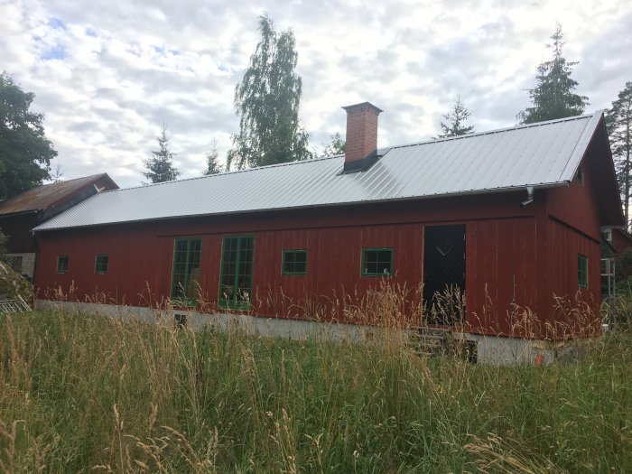 Faluröd byggnad med vita knutar, svart dörr och gröna fönsterluckor, samt plåttak och skorsten.