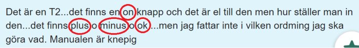 Screenshot av foruminlägg med markerade ord "on", "plus", "minus" och "ok" med röda cirklar.