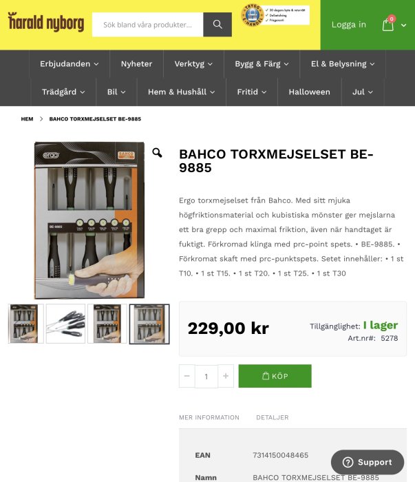 Bahco skruvmejselset BE-9885 för 229 kr, visar fem skruvmejslar med ergonomiska handtag och förkromade spetsar.