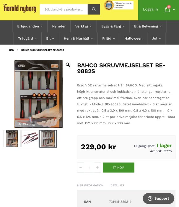 Bahco skruvmejselset visad i förpackning med tre olika mejslar och ergonomiska handtag, prissatt till 229 kronor hos Harald Nyborg.