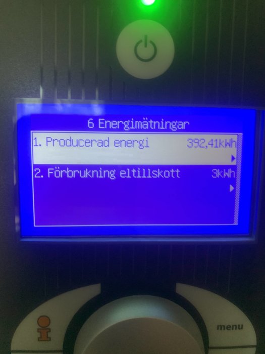 Digital display visar 'Producerad energi 392,41kWh' och 'Förbrukning el till skott 3kWh'.