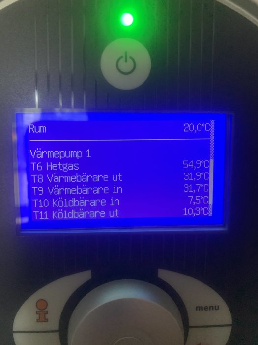 Värmepumpsdisplay visar temperaturer för Rum, hetgas och värm/Kyl-bärare med en tänd grön lampa ovanför.