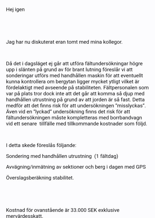 Skärmavbild av ett diskussionsinlägg om sondering och stabilitetsberäkning för en tomt.