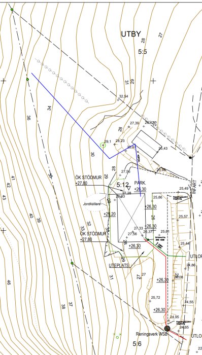 Topografisk karta med höjdkurvor och markeringar för planerat geotekniskt arbete.