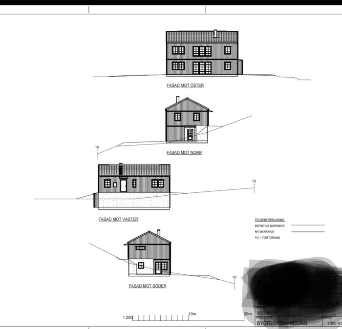 Illustration av husets olika fasader med mått och riktningar, markerat för bygglovsansökan.