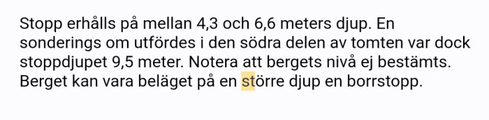 Textdokument om geoteknisk undersökning med notering om stoppdjup och bergnivåer.