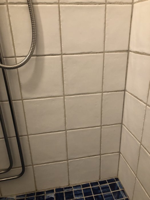 Hörn av dusch med vita kakelväggar och del av duschslang, nederkant visar blått mosaikgolv.