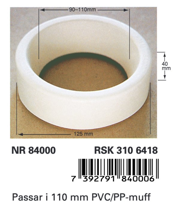 WC-manschett med dimensioner markerade, lämplig för 110 mm PVC/PP-rör.