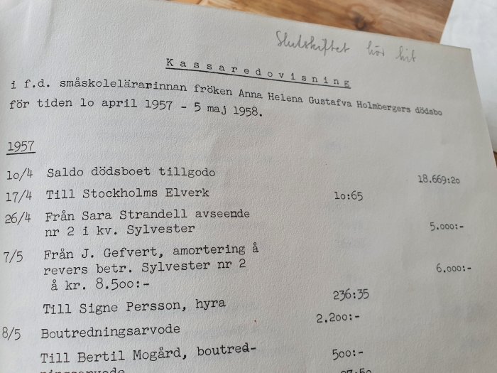 Skrivet dokument från 1957 som listar transaktioner, inklusive inkomster och utgifter, från ett dödsbo.