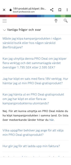 Skärmdump från hemsida med FAQ om kampanj för Bosch-produkter, inkluderar frågor om köpkrav och villkor.