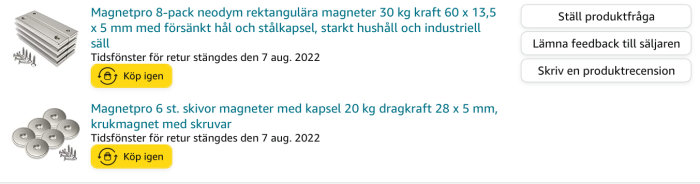 Rektangulära och runda neodymmagneter med specifikationstexter från en online-butik.