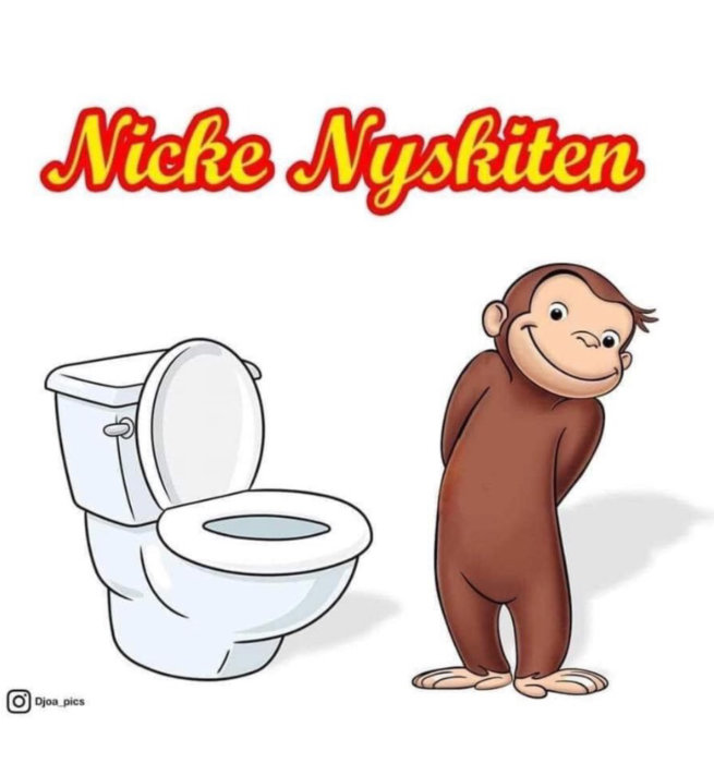 Tecknad bild som visar en glad apa bredvid en toalett under texten "Nicke Nyskiten".