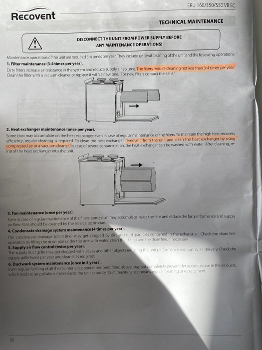 Bild på underhållsinstruktioner för Recovent-enhet med diagram och steg för filter-, värmeväxlare-, fläkt-, kondensatavlopp och luftflödeskontroll.