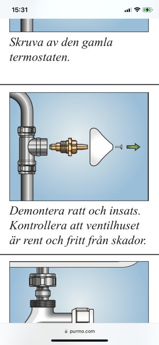 Instruktionsbild för demontering av en gammal termostat från ett värmesystem.