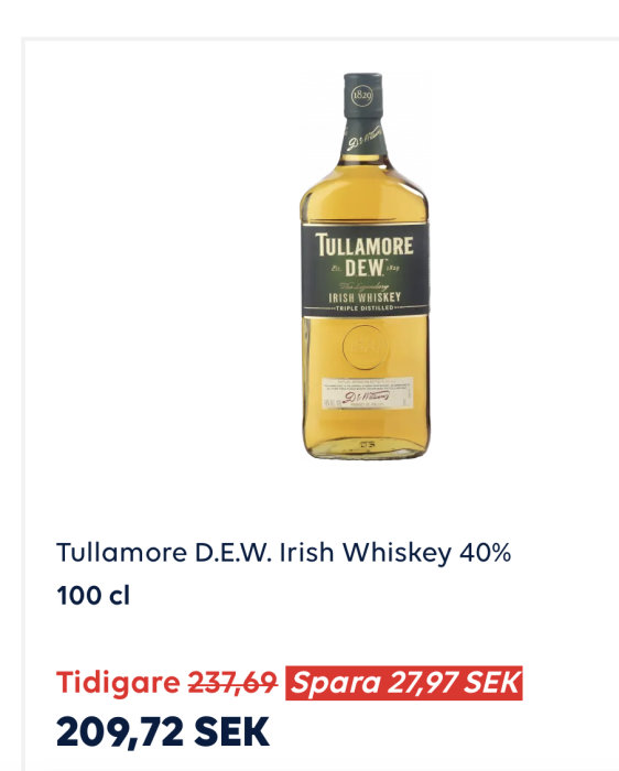 Flaska Tullamore D.E.W. irländsk whiskey med prisinformation, 100 cl, 209,72 SEK.