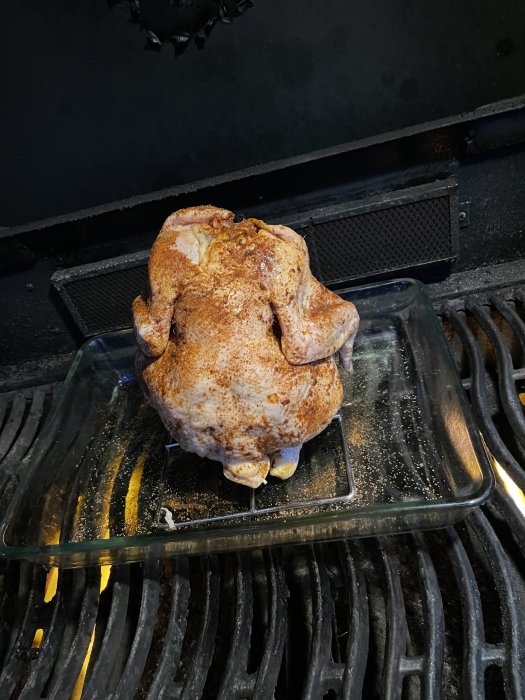 Hel kyckling kryddad och placerad på en ugnsform i en grill.