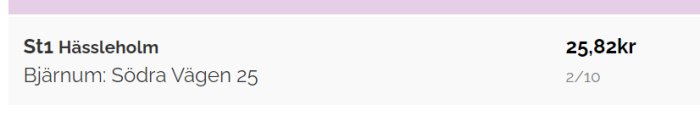 Skärmklipp som visar prisinformation för bränsle med texten "St1 Hässleholm Bjärnum: Södra Vägen 25 25,82kr 2/10".