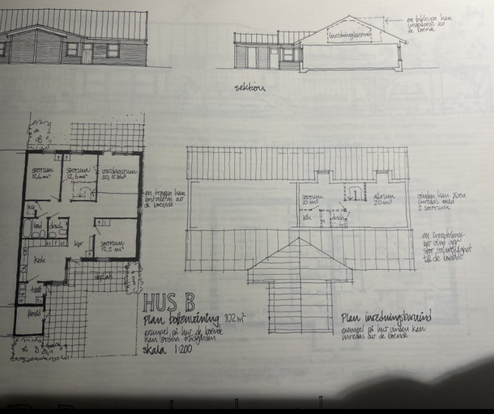 Arkitektskisser av HUS B med planlösning, sektioner och fasadteckningar.