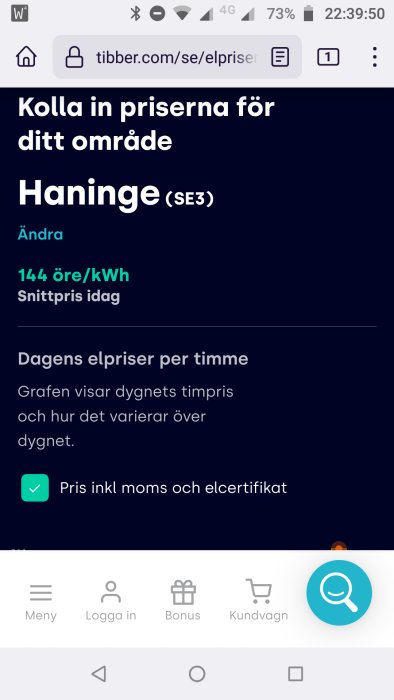 Skärmavbild på elpriser för området Haninge med ett snittpris på 14,4 öre/kWh.