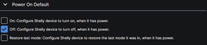 Skärmbild av inställningsalternativ för "Power On Default" för en Shelly-enhet med valen On, Off och Restore last mode.