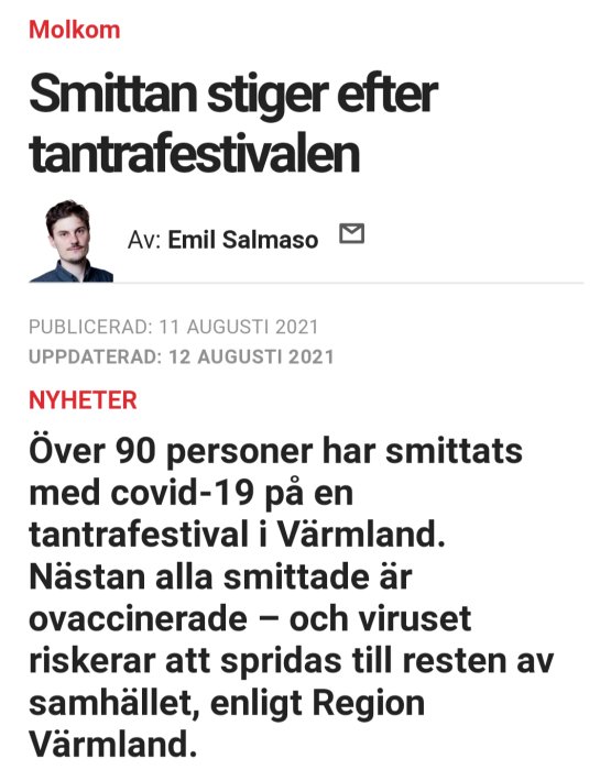 Skärmbild av en nyhetsartikel om ökad smitta efter en festival med text och fotografi av journalisten.