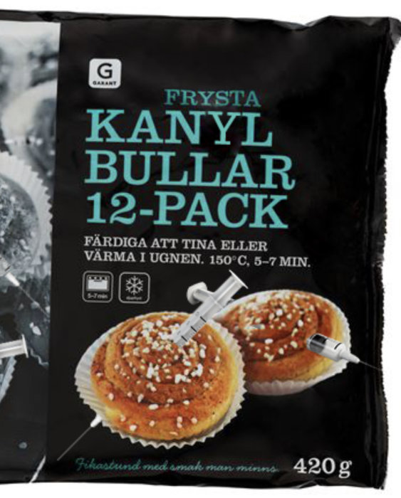 Förpackning med "Kanyl Bullar 12-Pack" och två bullar med sprutor i, hintar om Aprilskämt.