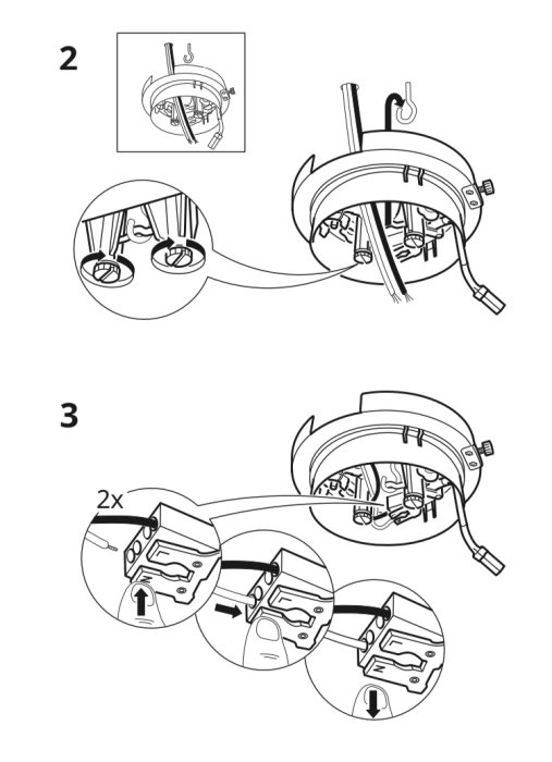 Illustration som visar steg 2 och 3 i montering av en elektrisk enhet, med kablar och komponenter.