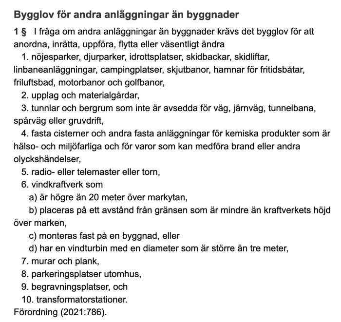 Bild av en text om bygglov för anlaggningar som ej är byggnader, lista från PBF (2021:786).