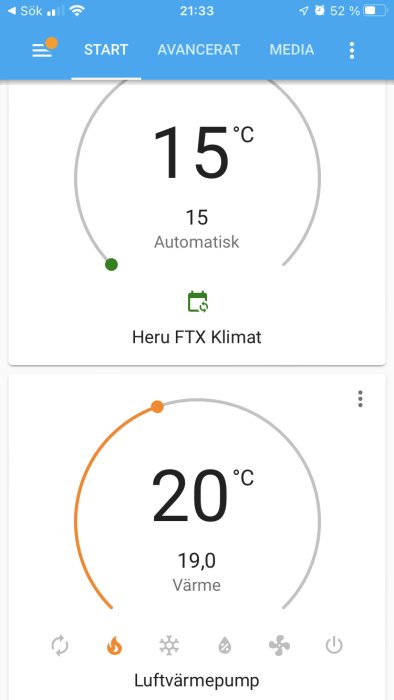 Skärmbild av ett gränssnitt för "Heru FTX Klimat" och "Luftvärmepump" med temperaturinställningar på 15°C och 20°C.